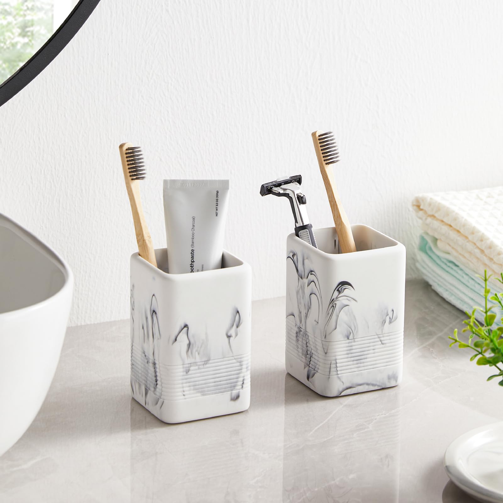 Iniunik 2Pcs Toothbrush Holders For Bathrooms, Heavy Resin Tooth Brushing Holder Bathroom Toothbrush Holder Set, Marble Design T